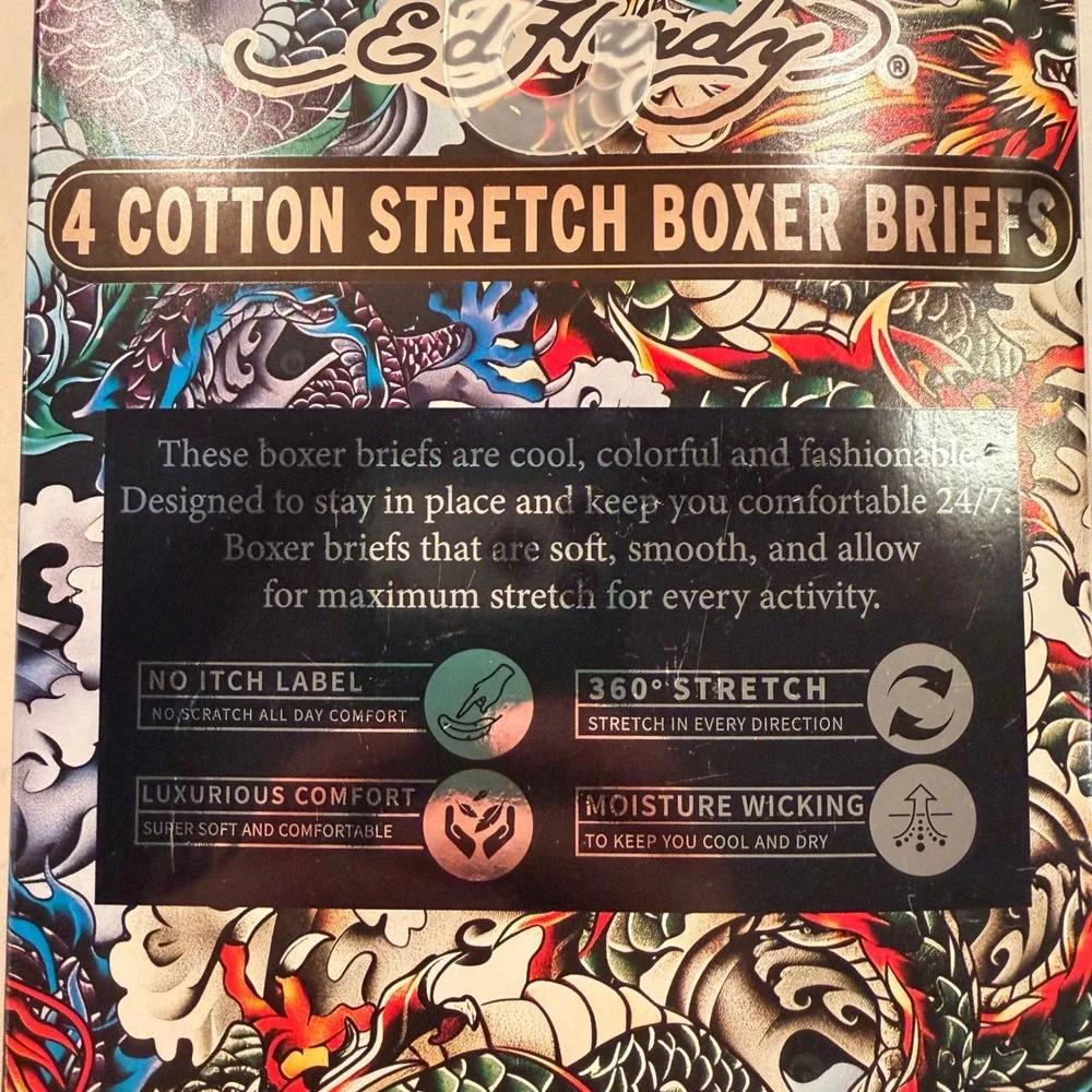 Ed Hardy Cotton Stretch Boxer Briefs 4 Pack (SM 28-30) Soft Skull Dragon Tattoo